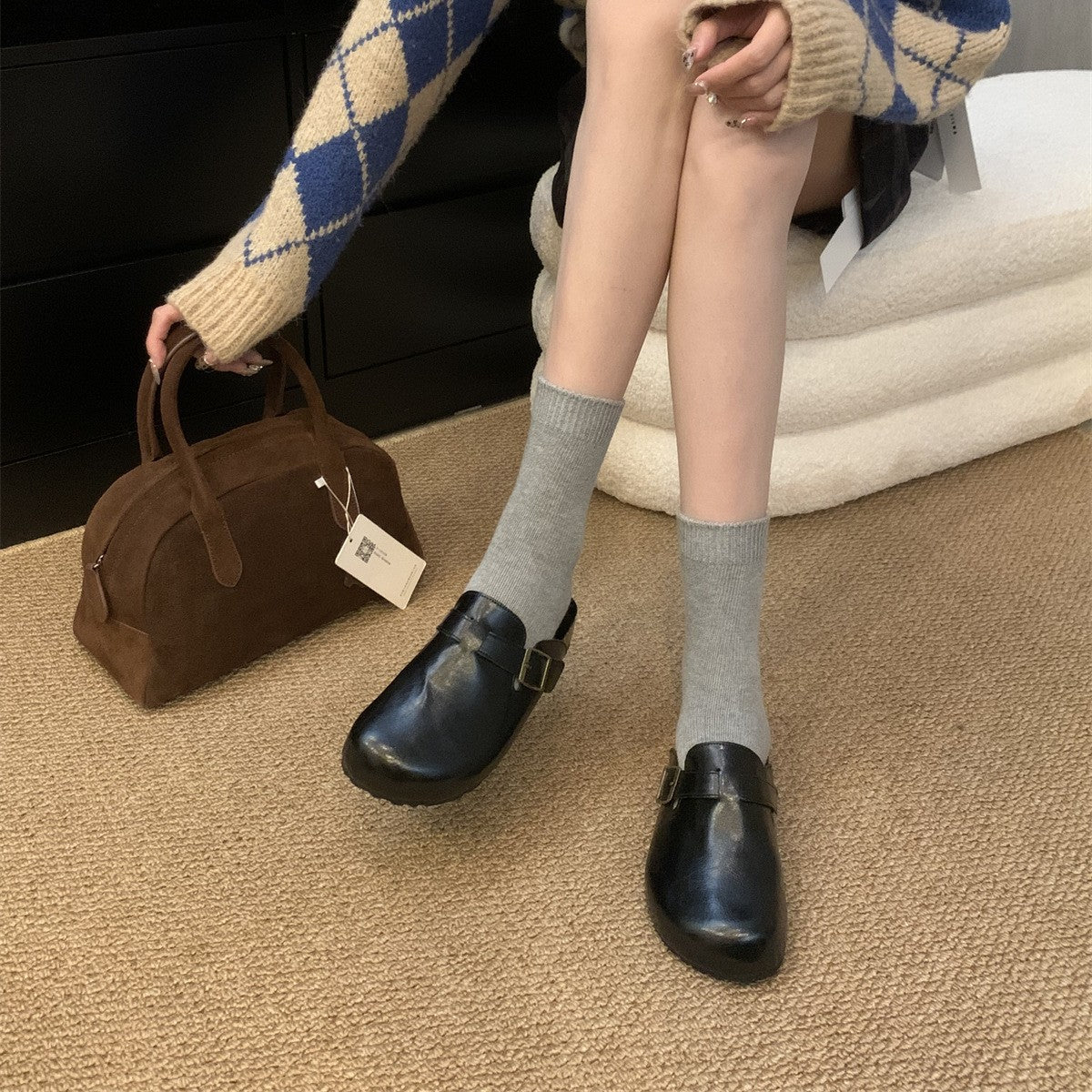 Thick-soled BirkenstocksWomen's ShoesWrap-toe-Semi-SlippersWear Fall/Winter 2024 Black Small Leather ShoesBoken Shoes