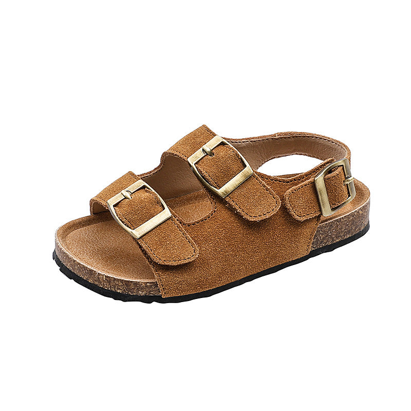 Genuine leather children's Birkenstock sandals Korean version nubuck leather soft-soled baby sandals retro wooden Kang sole medium and large children's sandals