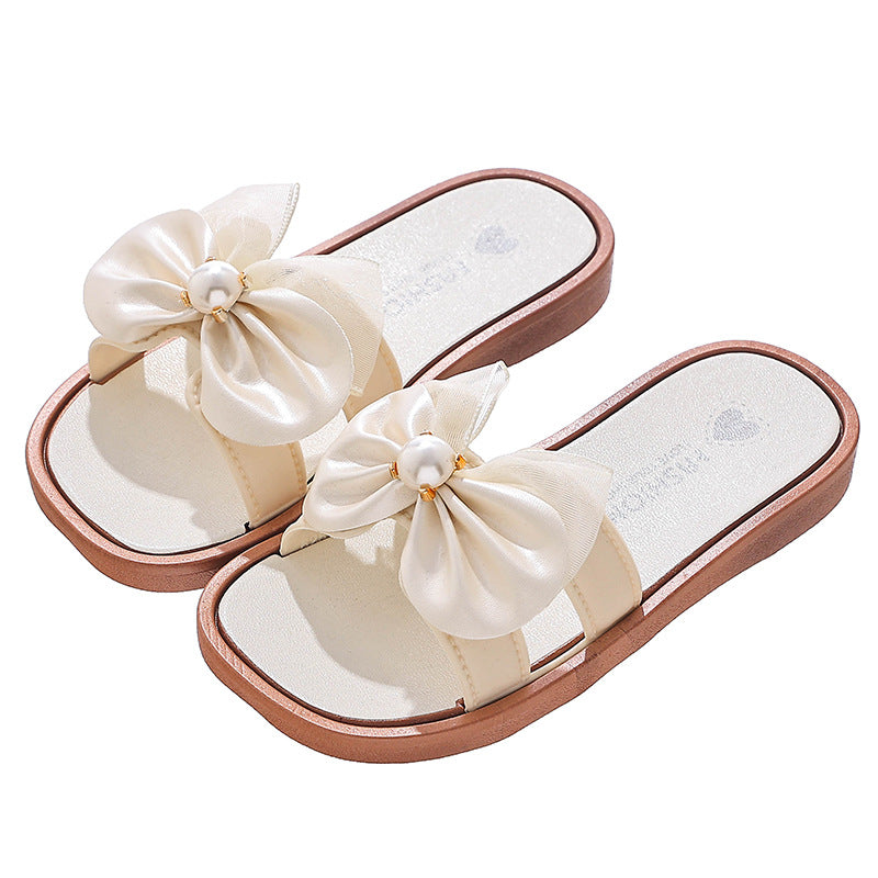 Girls' slippers, pearl bows, versatile, summer new non-slip indoor and outdoor princesses, children's soft-soled beach sandals