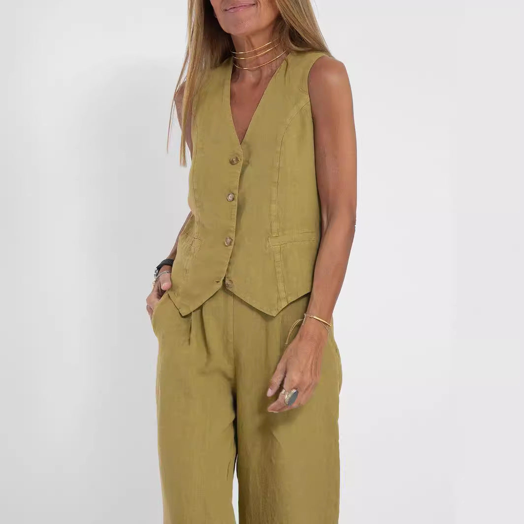 2024 European and American cross-border hot sale new fashion vest trousers, collage stitching, pure sleeveless color temperament casual suit