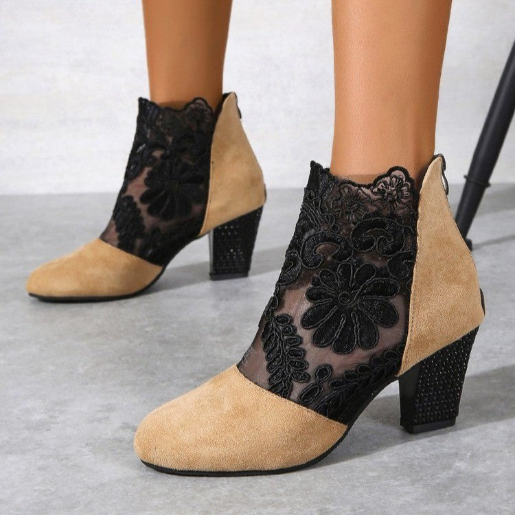 Lace mesh high heeled sandals women's amazon foreign trade plus size european and american fashion round toe block heel roman sandals wholesale