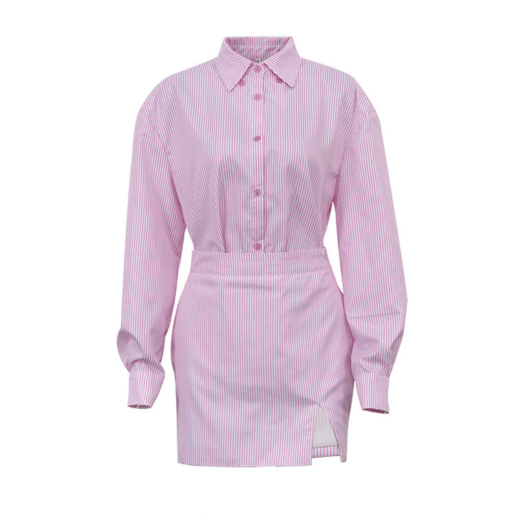 2025 Foreign Trade Women's Clothing New Commuter Colel Long Sleeve Striped Shirt Hip Skirt Fashion Office Suit