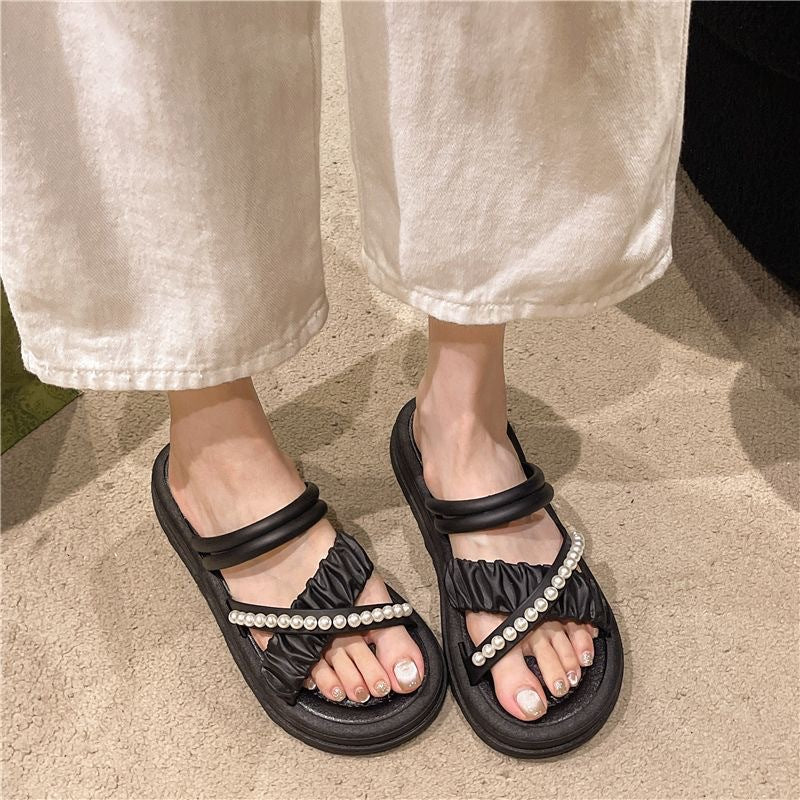 French high-end sandals for women 2025 new wear non-slip platform platform rhinestone pearl versatile slippers for women's summer