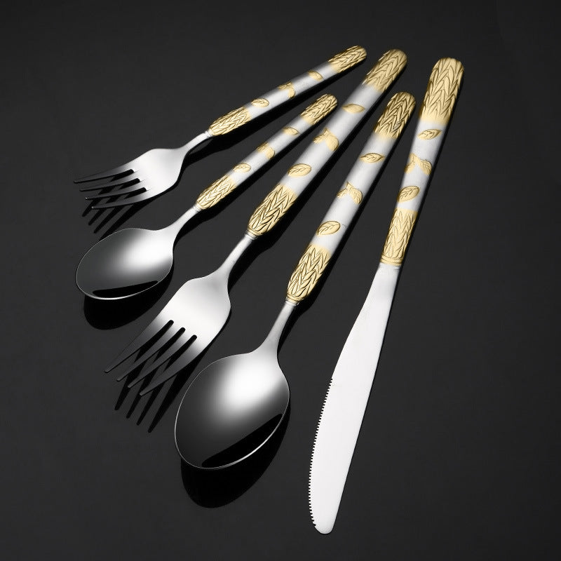 Vintage round handle wheat ears stainless steel cutlery spoon set home dessert spoon fork hotel western steak cutlery cutlery