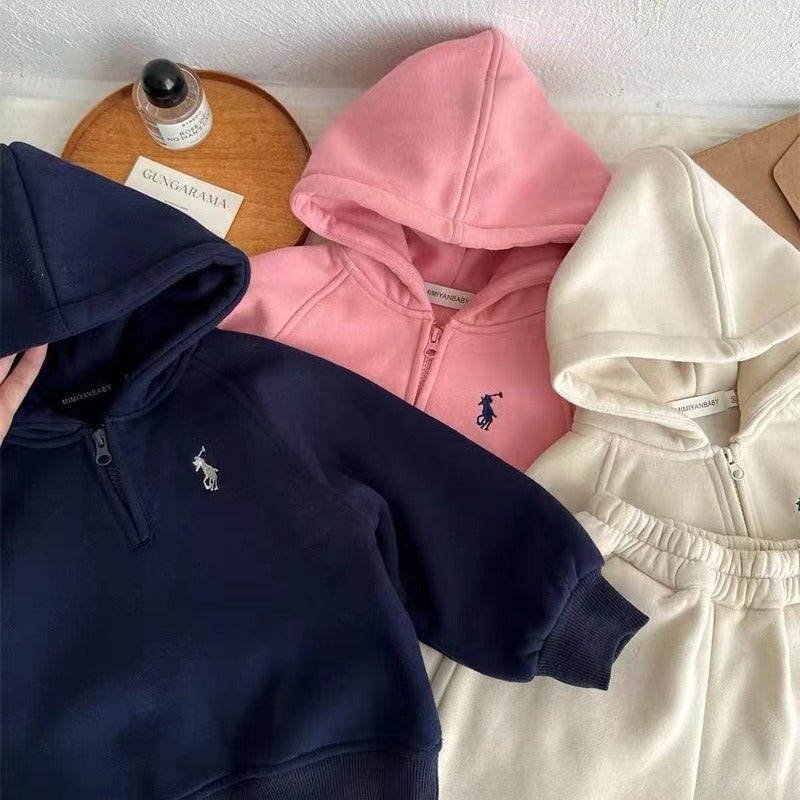Boys and girls children's set 23 winter new men's and girls' half-zipper velvet hooded sweatshirt baby sweatpants two-piece set