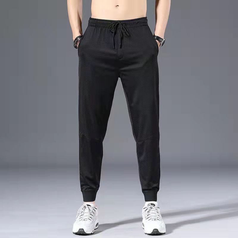 Casual pants men's summer ice silk stripe ultra-thin breathable sports stretch loose straight drape feeling wide-leg trousers