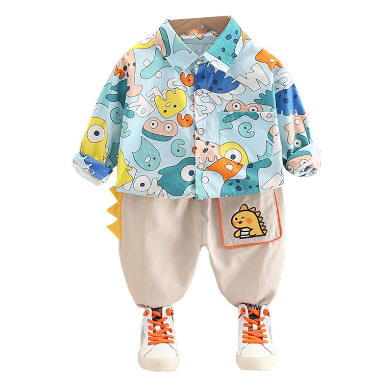 Children's clothing boys' set 2025 new autumn printed dinosaur children's shirt two-piece set of baby boys' clothes