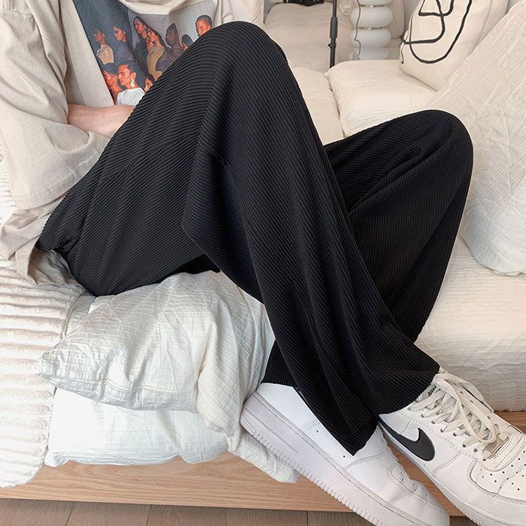 Casual pants men's summer ice silk stripe ultra-thin breathable sports stretch loose straight drape feeling wide-leg trousers
