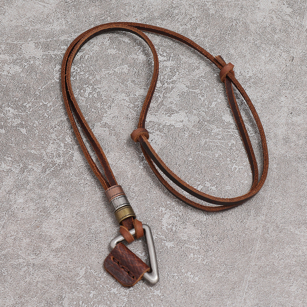 Brown simple European and American fashion men's cowhide necklace personality antique hip-hop pendant leather rope necklace men's jewelry