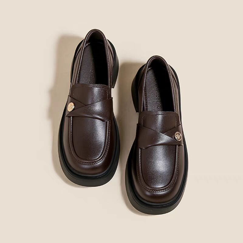 French gold coin loafers, women's British style 2024 spring and autumn new platform block heels, one foot slip small leather shoes
