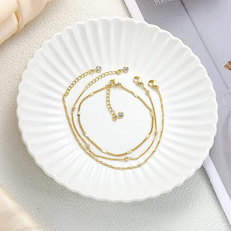 Amazon New 14K Gold Plated Three-Piece Bracelet Fashion Simple Bead Multilayer Chain Bracelet Anklet Spot Wholesale
