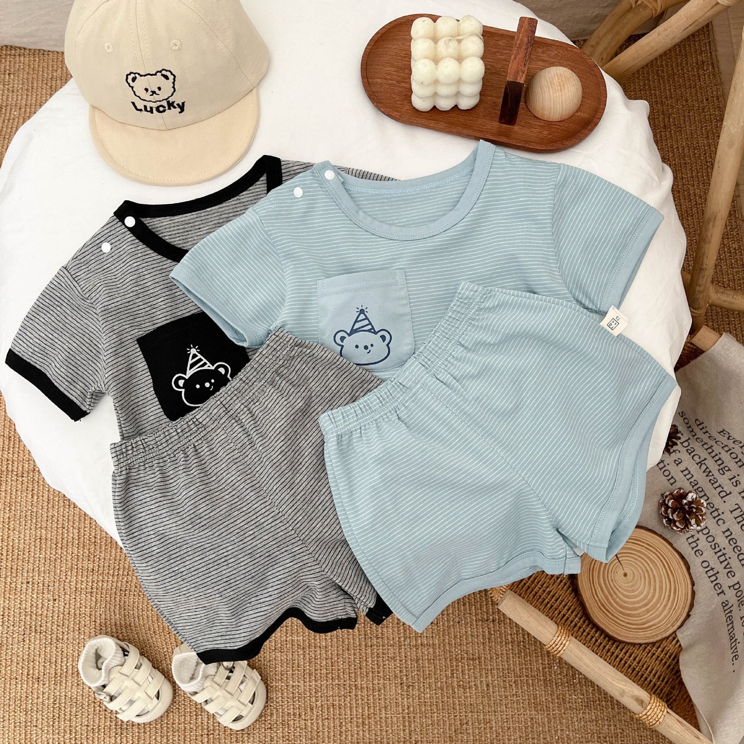 2025 Summer Korean Version Children's Casual Striped Short Sleeve Shorts Set Baby Boy Thin Cool T-Shirt Two-Piece Set
