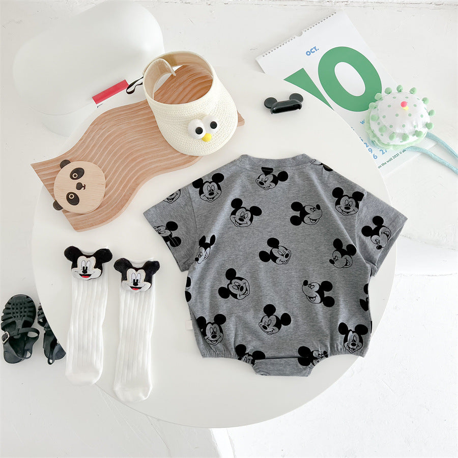 0-2 years old authentic cartoon triangle bag fart jacket male treasure tide cotton full print gray summer short-sleeved Ha shirt crawling suit