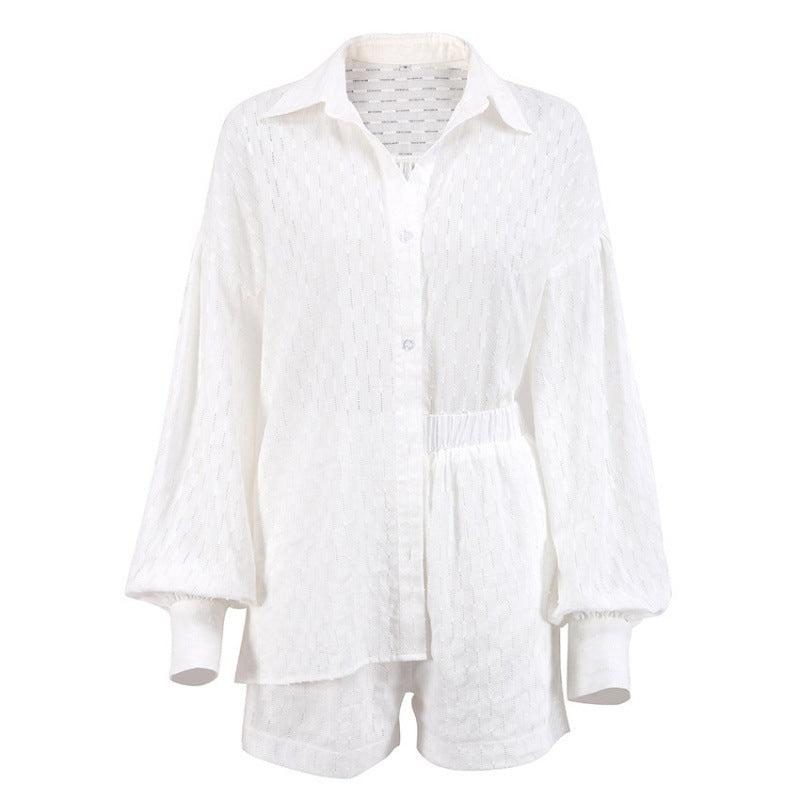 2024 summer women's European and American shirts, jacquard puff sleeves, temperament tops, shorts, commuting design, sense of casual suit