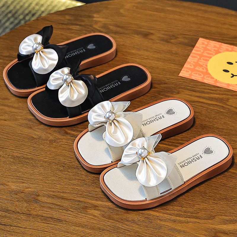 Girls' slippers, pearl bows, versatile, summer new non-slip indoor and outdoor princesses, children's soft-soled beach sandals