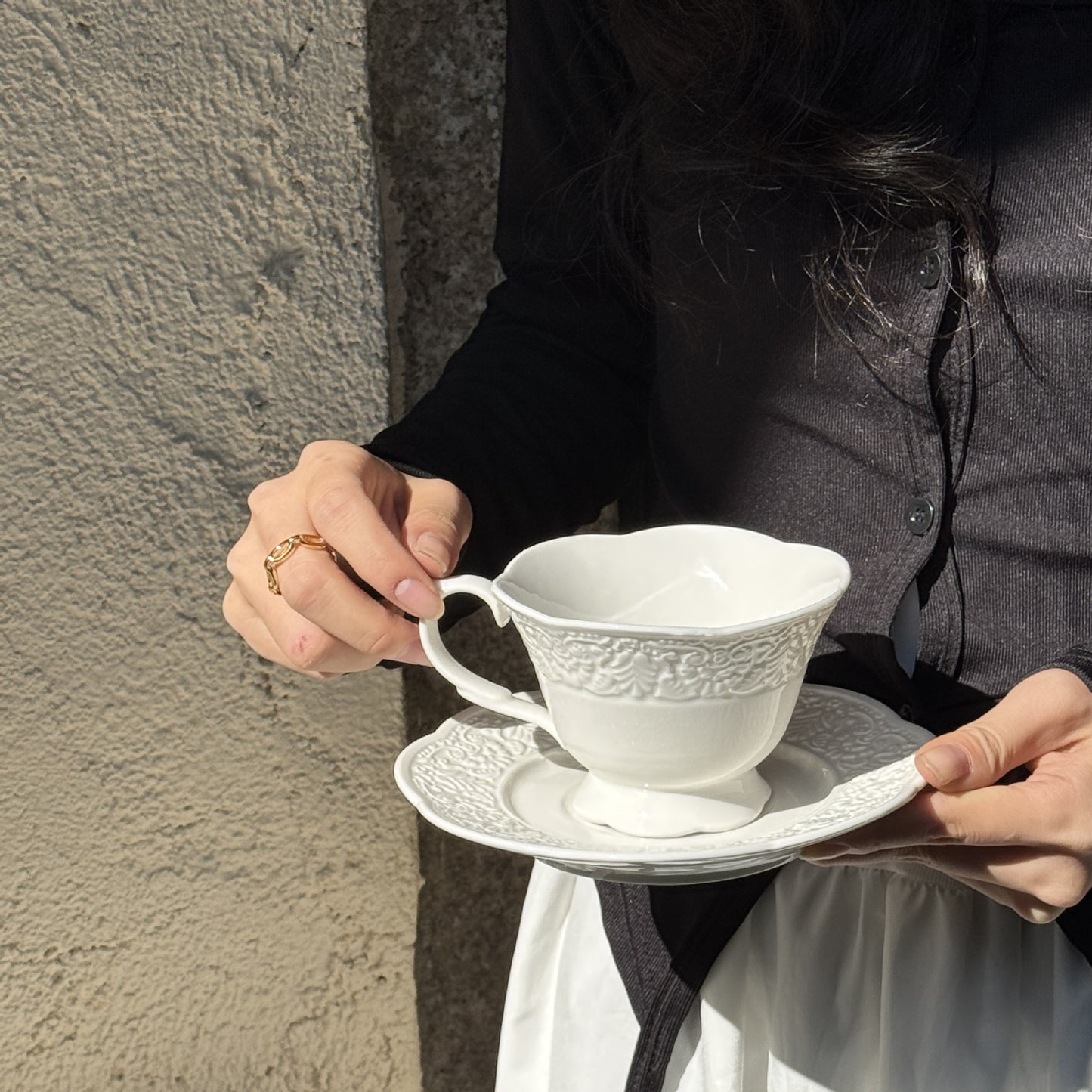 French vintage petal edge embossed ceramic pure white tableware dessert breakfast salad dinner plate coffee cup saucer