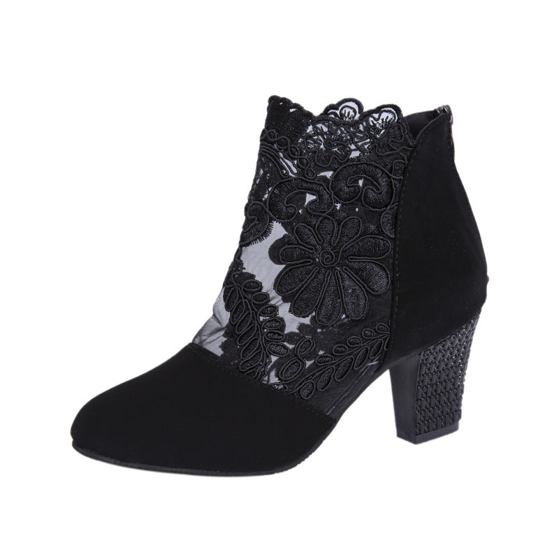 Lace mesh high heeled sandals women's amazon foreign trade plus size european and american fashion round toe block heel roman sandals wholesale