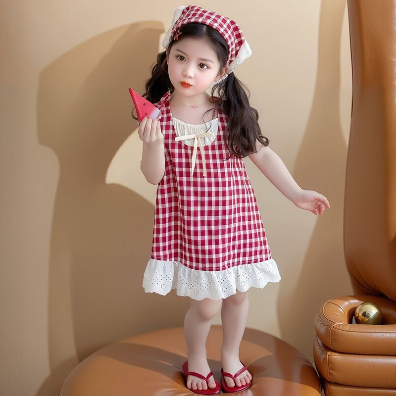 2025 New Summer Girls Girls Children's Sleeveless Lace Plaid Skirt Red Princess Foreign Style Dress Plaid