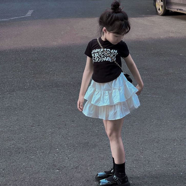 Girls Summer Suit 2025 New Foreign Style Kids Short Sleeve T-Shirt Girls Fashionable Cake Skirt Two Piece Summer Dress