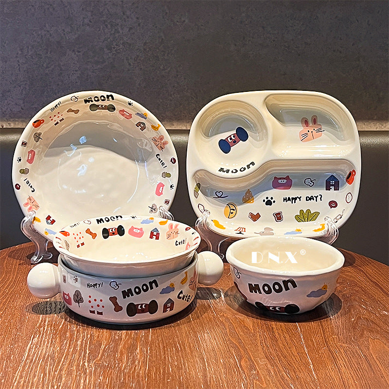 Cute moon dog ceramic tableware high value ins dinner plate, rice bowl, salad bowl, soup plate, household dish plate gift box