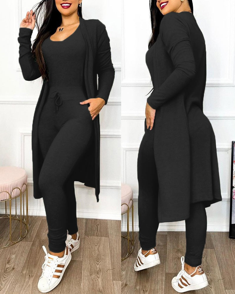Cross-border European and American foreign trade, new autumn and winter fashion long jumpsuits, long cardigans, casual suits, long sleeves in stock