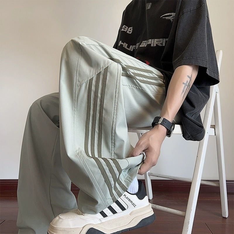 Woodpecker striped ice silk pants men's summer thin loose straight wide-leg pants youth new casual trousers
