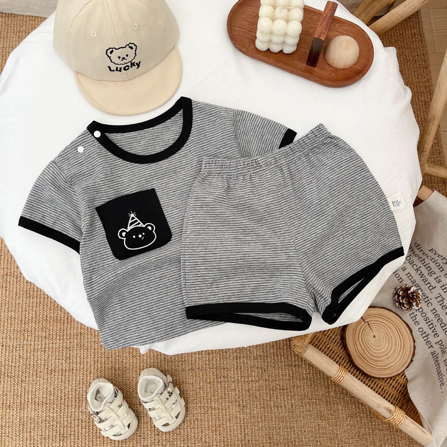 2025 Summer Korean Version Children's Casual Striped Short Sleeve Shorts Set Baby Boy Thin Cool T-Shirt Two-Piece Set