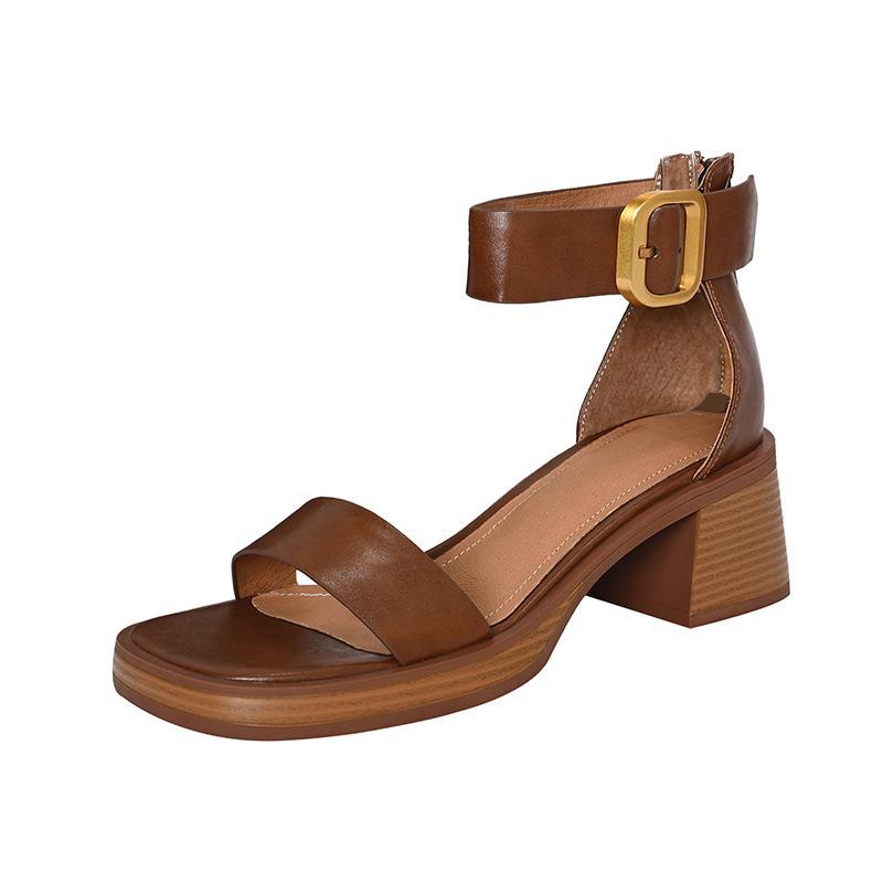 Mr. M Sandals Women's Summer Mid-Heel Platform French Retro Zip Block Heel Straight Buckle Roman Pumps