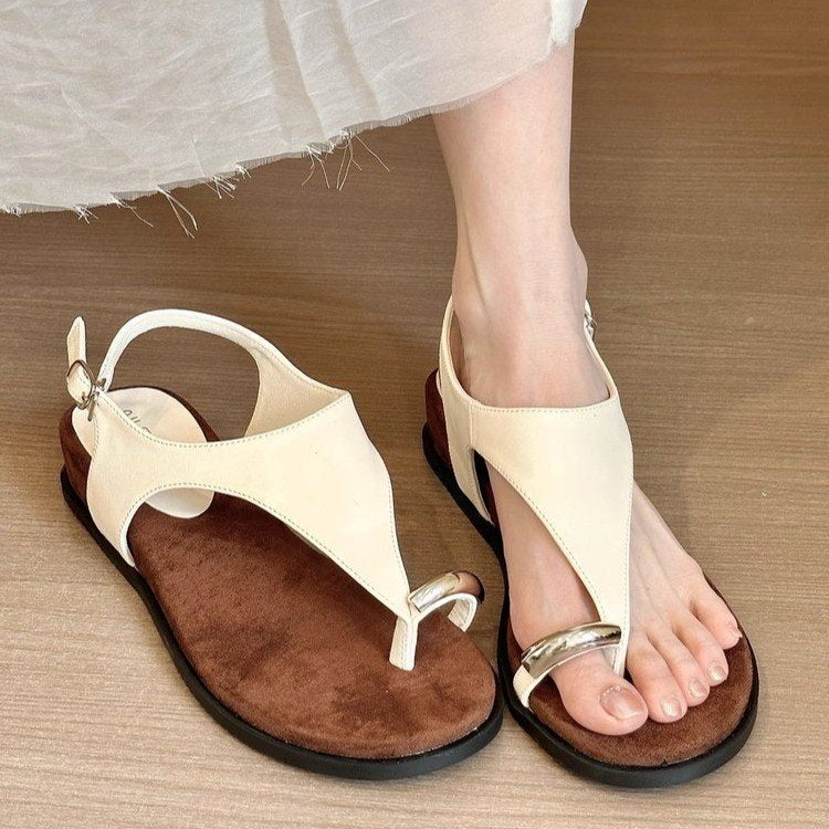 Sheepskin version ~ French niche metal buckle pullover toe sandals, women's fairy style open toe leather soft soles, comfortable Roman shoes