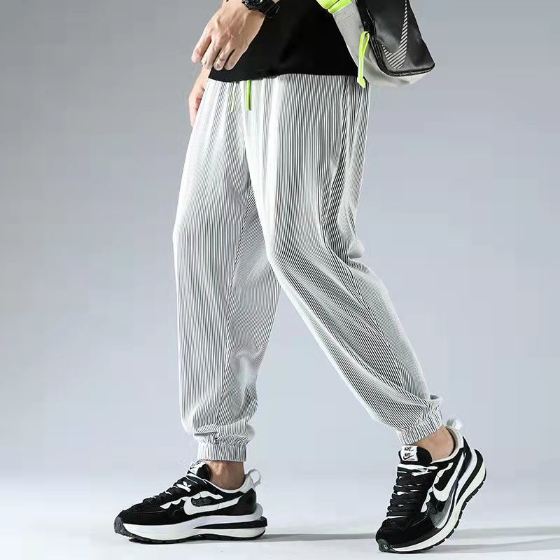 Casual pants men's summer ice silk stripe ultra-thin breathable sports stretch loose straight drape feeling wide-leg trousers