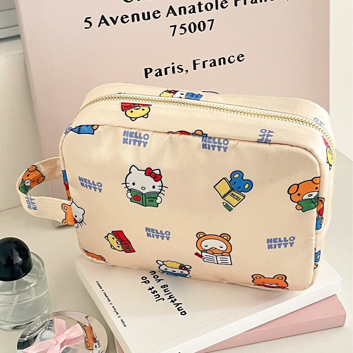 Satin kt cat makeup bag cute cartoon beige print storage bag for travel portable toiletry bag