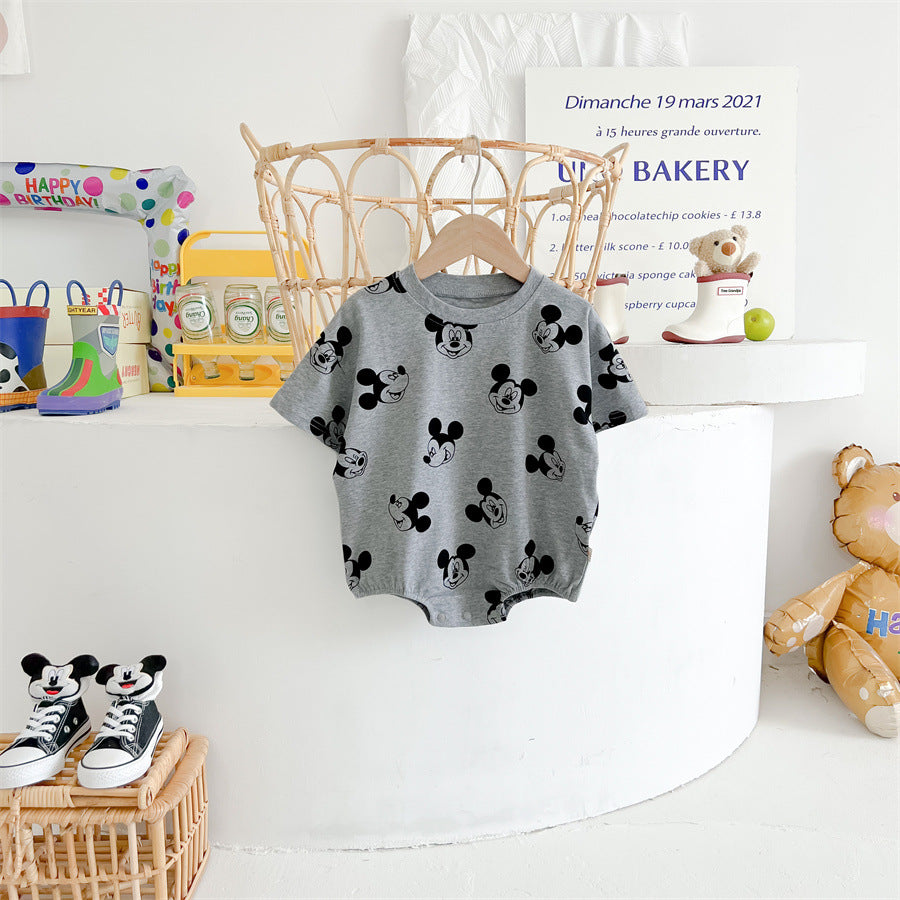 0-2 years old authentic cartoon triangle bag fart jacket male treasure tide cotton full print gray summer short-sleeved Ha shirt crawling suit