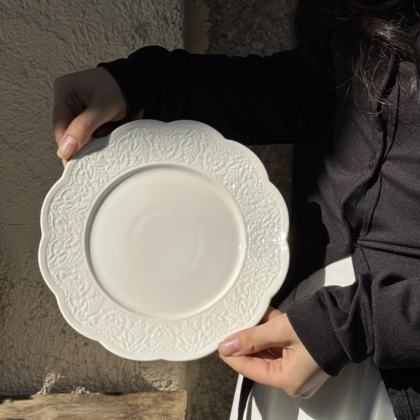 French vintage petal edge embossed ceramic pure white tableware dessert breakfast salad dinner plate coffee cup saucer