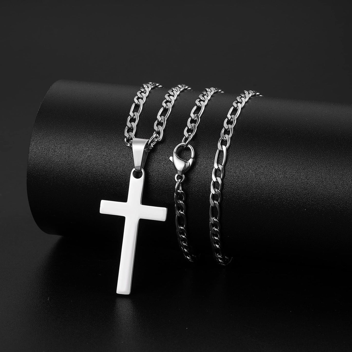 Cross Border Hot Selling 18k Gold Stainless Steel Cross Necklace Men's Figaro Chain Black Silver Gold Ten Pendant
