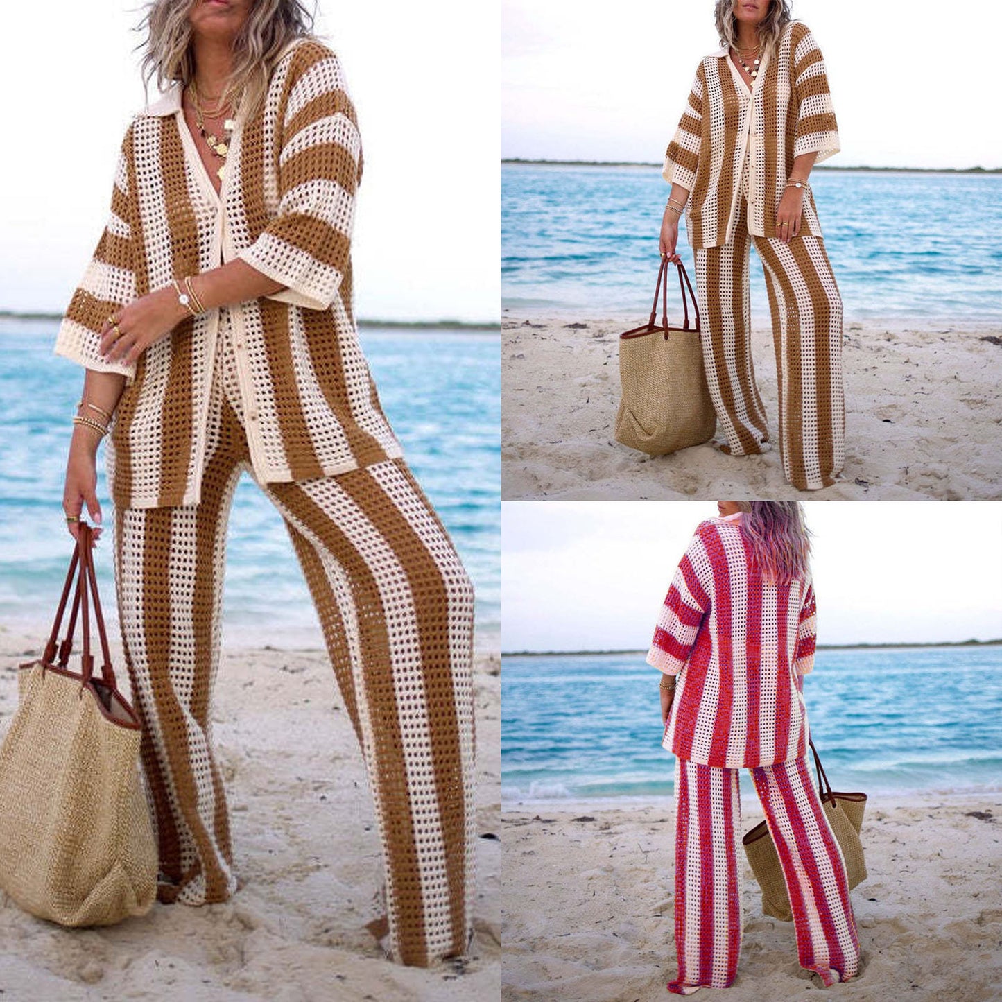 Summer European and American Women's Amazon 2024 Fashion V-Neck Cutout Striped Shirt Loose Knit Wide-leg Pants Set