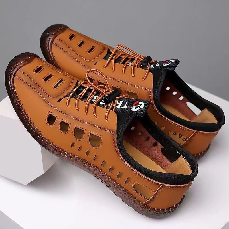 Sandals summer men's summer breathable soft leather soft-soled casual leather shoes men's cave beach toe toe online dad shoes