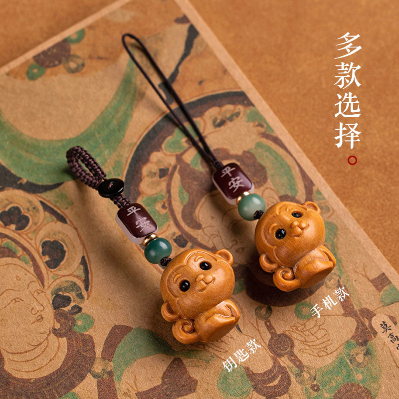 Sandalwood zodiac monkey car keychain pendant delicate and cute safe mobile phone chain pendant male and female couple little monkey gold