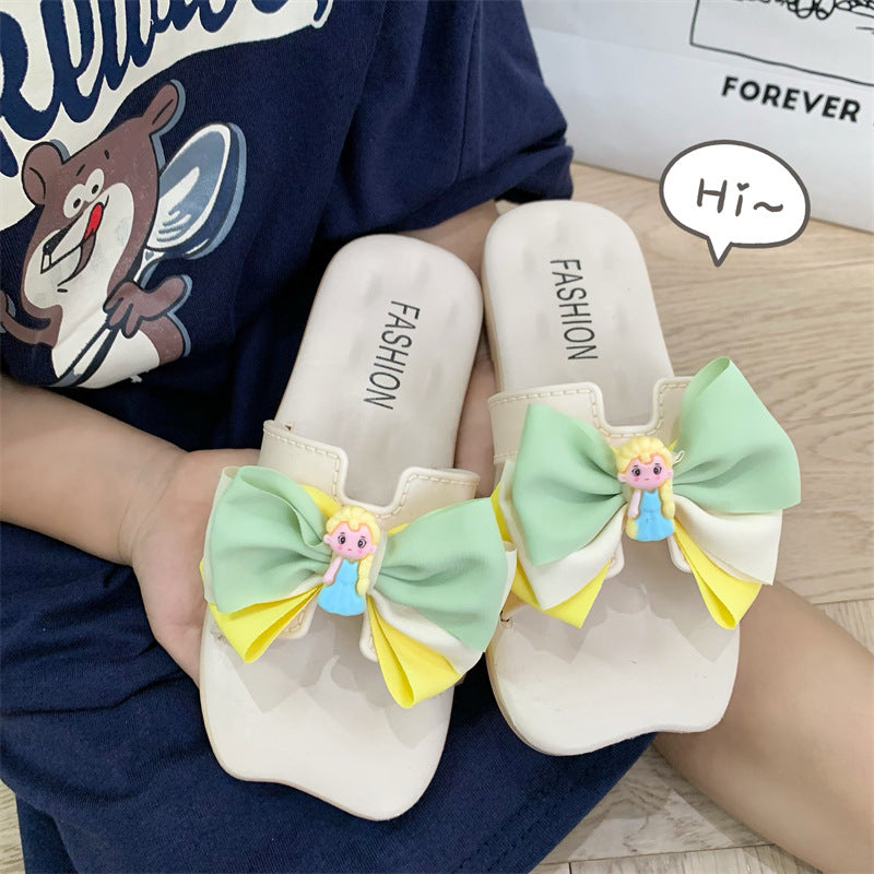 Summer Girls Slippers New Girls Breathable Princess Shoes Soft Sole Non Slip Bow Bow Kids Wear Beach Flip Flops Outside