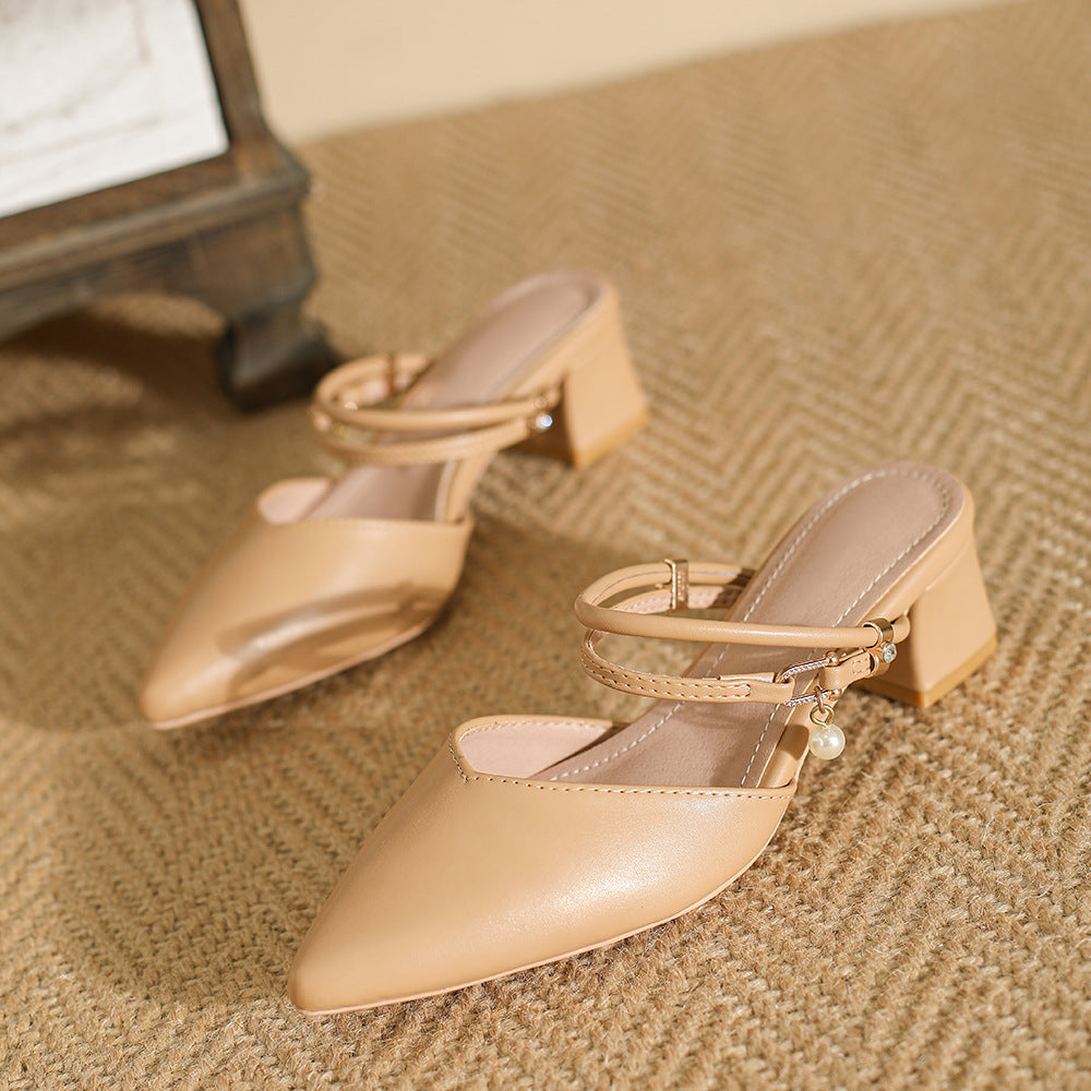 Sandals Women's 2024 Summer New Pointed Toe Single Shoes Thick Middle Heel Half Support Beautiful High Heel French Baotou Slippers