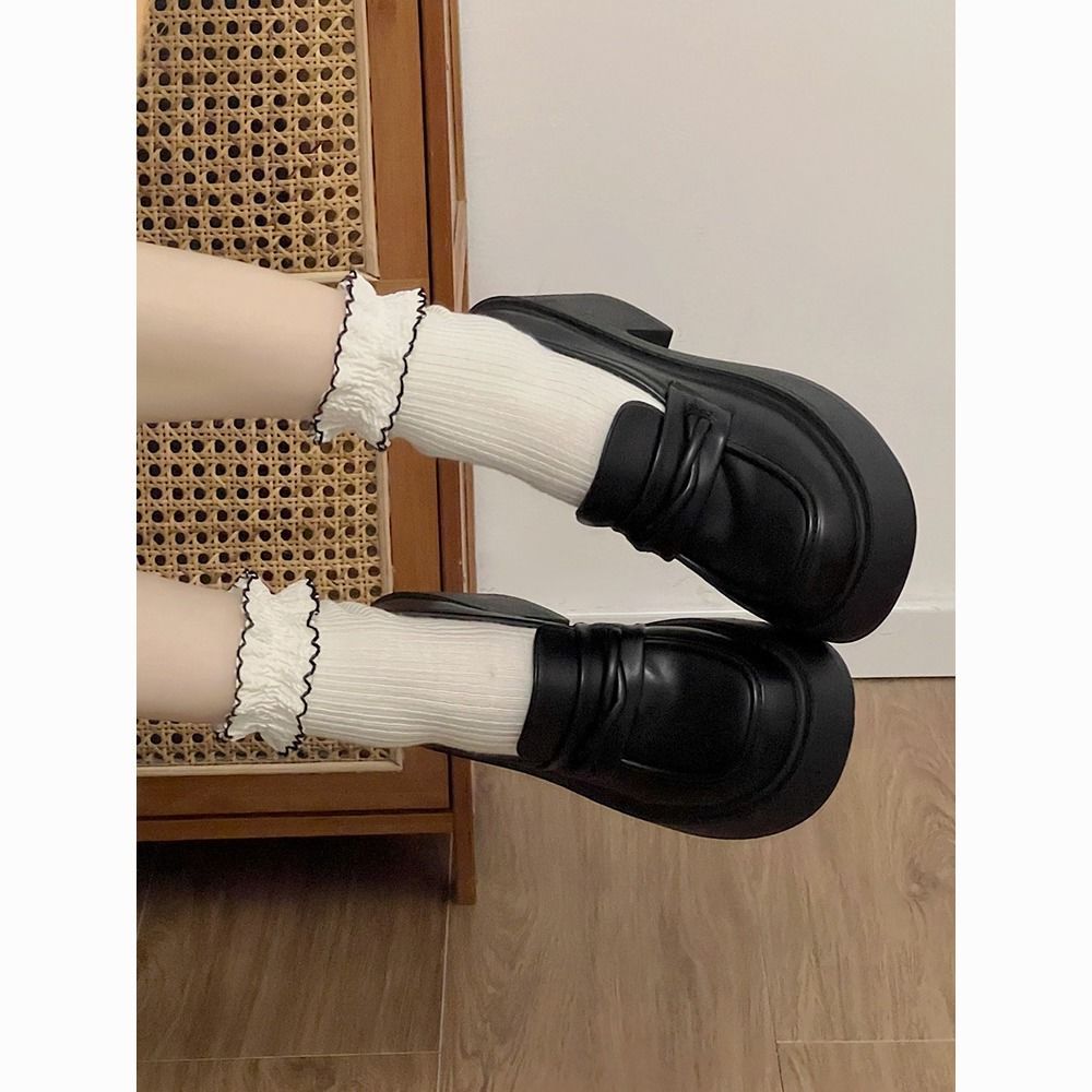 Black British style versatile high heeled platform small leather shoes women's 2024 new summer slip-on increase high loafer single shoes
