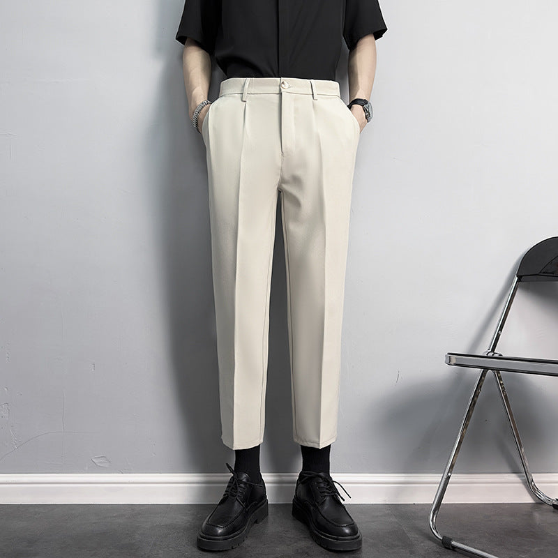 Slim fit, straight, anti-wrinkle suit trousers, men's non-iron, business casual pants, high-end drape, black cropped trousers