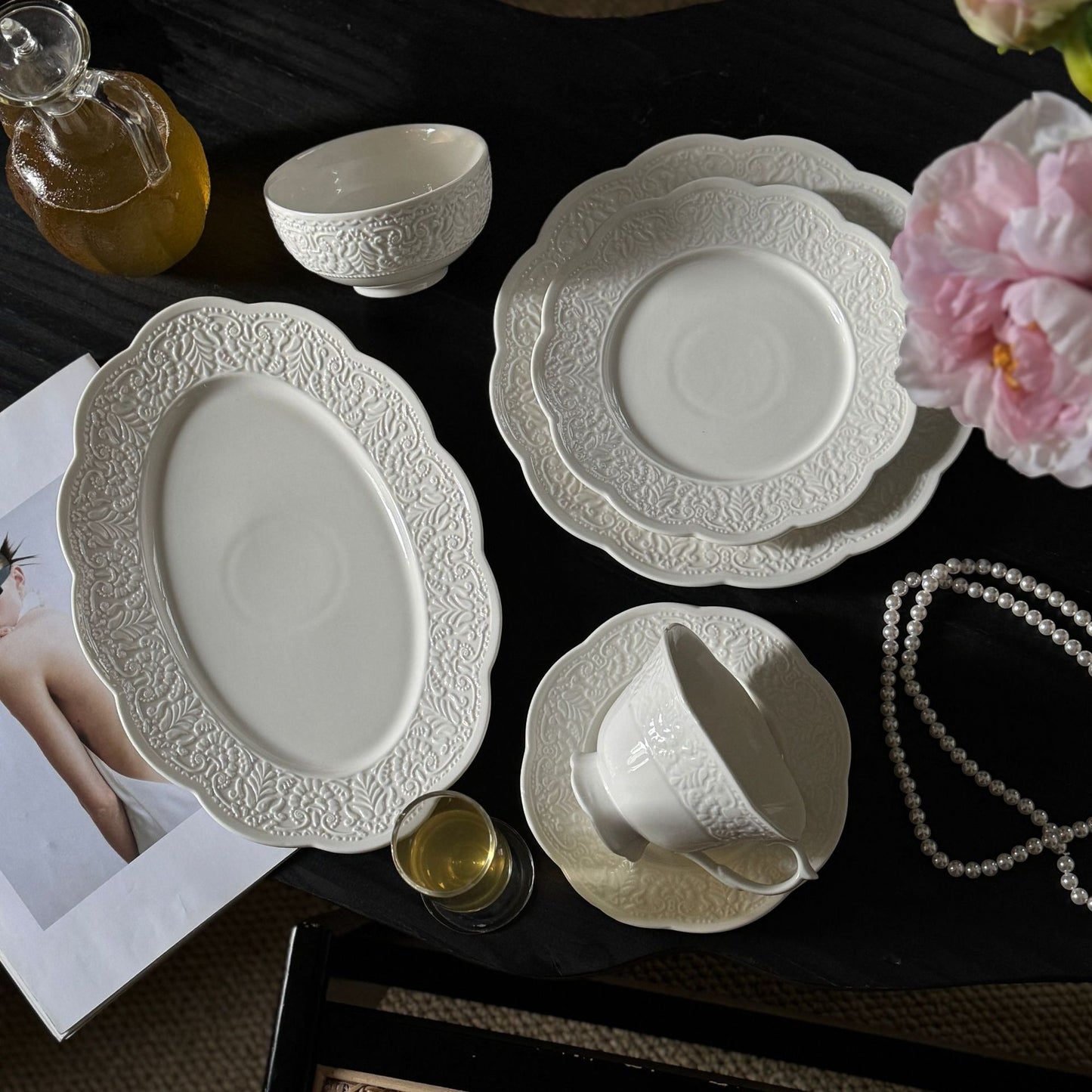 French vintage petal edge embossed ceramic pure white tableware dessert breakfast salad dinner plate coffee cup saucer