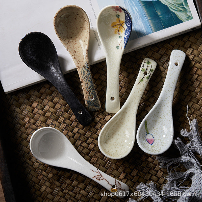 Japanese small soup spoon, Japanese style tableware, small soup, retro spoon, long handle soup, rice spoon, ceramic large spoon, household spoon