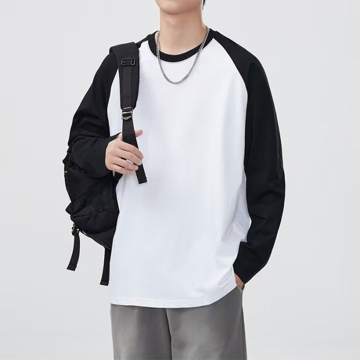 Heavy raglan cotton long sleeve t-shirt men's American contrasting stitching base layer shirt loose crew neck unisex long-sleeved T