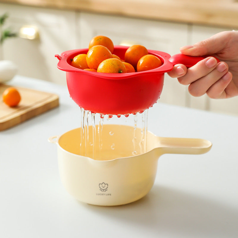 Cute handle drain basket double layer washing fruit artifact kitchen home new living room drench basket delicate small fruit plate