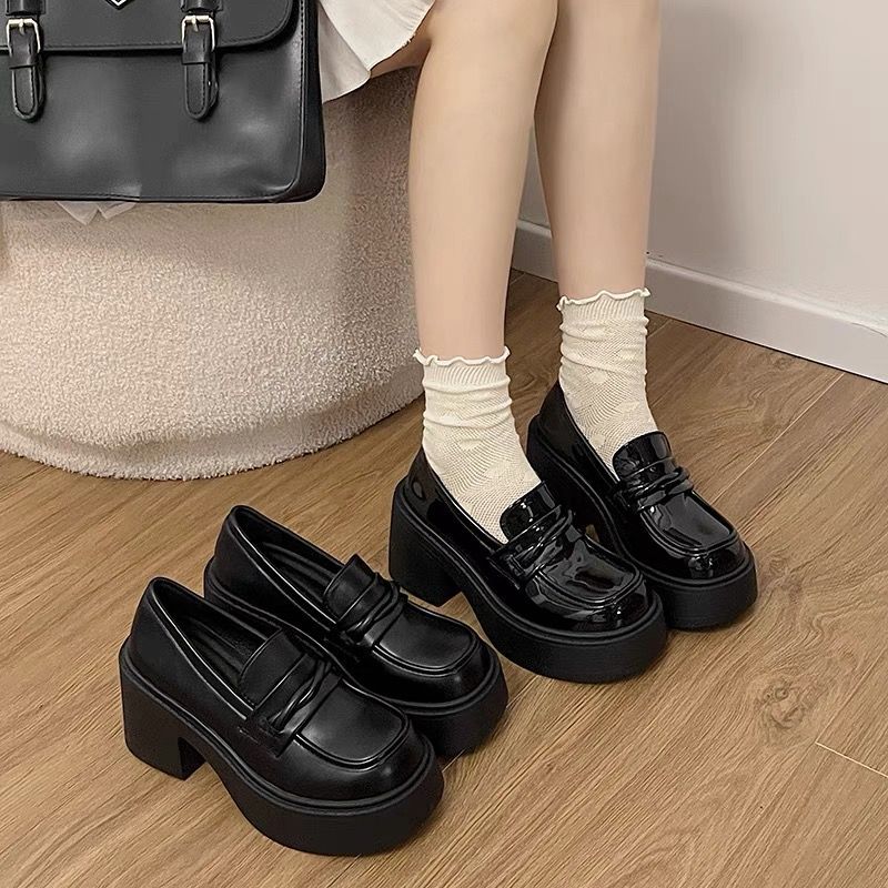 Black British style versatile high heeled platform small leather shoes women's 2024 new summer slip-on increase high loafer single shoes