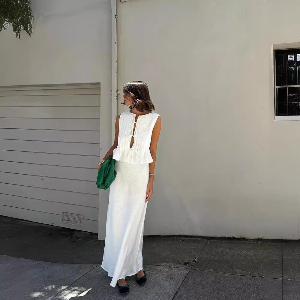 6-color full yard spot European and American cross-border explosive breathable cotton and linen pressed pleated sleeveless strappy blouse high street long skirt