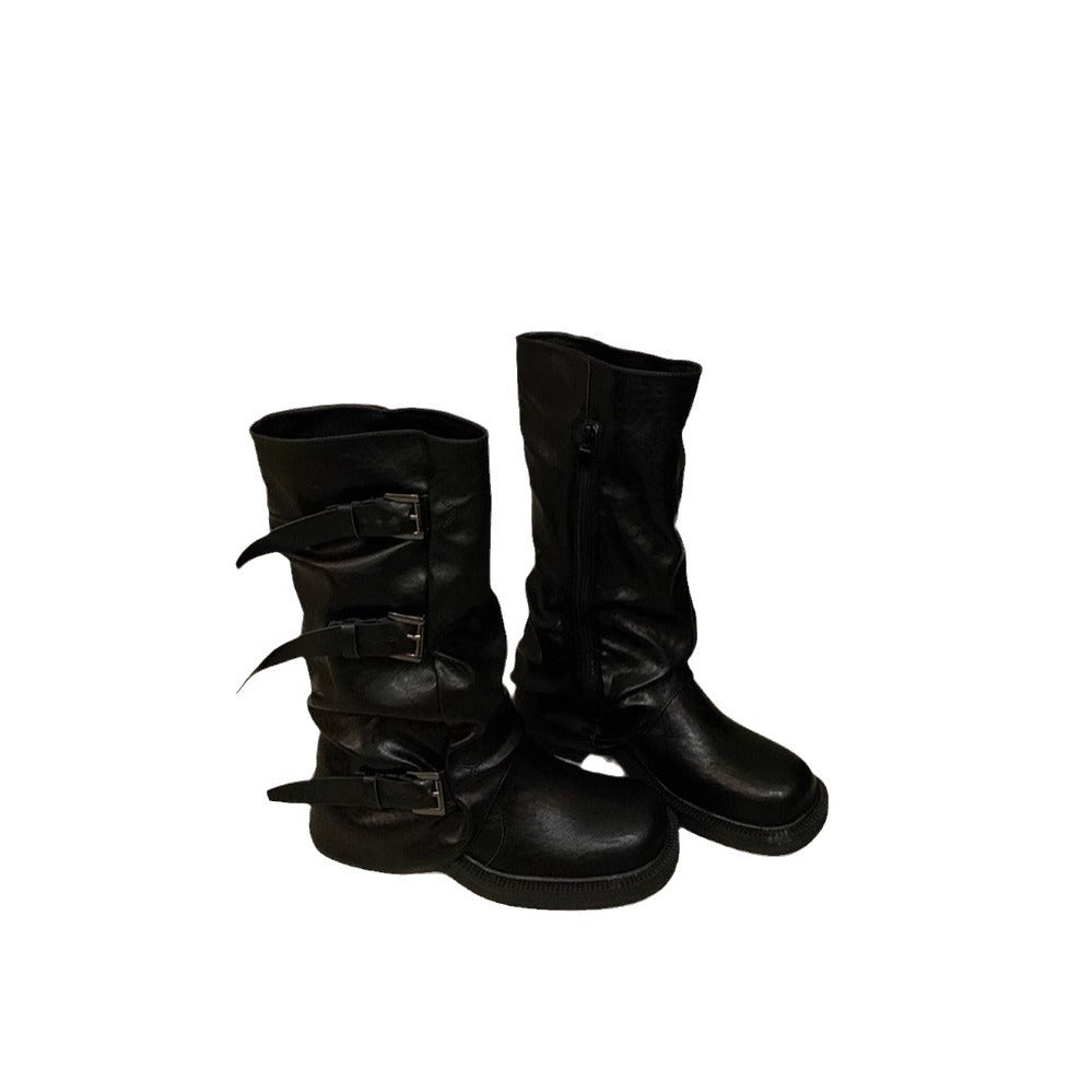 Niche vintage block heel mid-height boots, western cowboy pile boots, rider boots, early fall martin boots, French women's boots