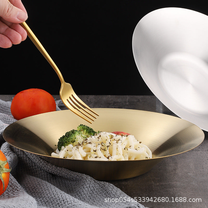 Korean stainless steel pasta plate commercial deepening plate for serving vegetables and fruit ramen mixed noodles round plate custom logo
