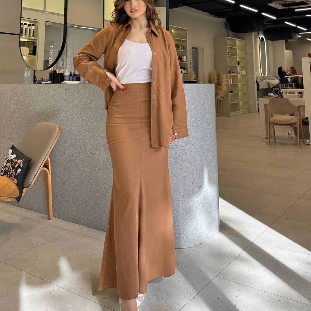 2024 cross-border foreign trade new women's fashion suit, solid color linen cotton fabric lapel top, long skirt